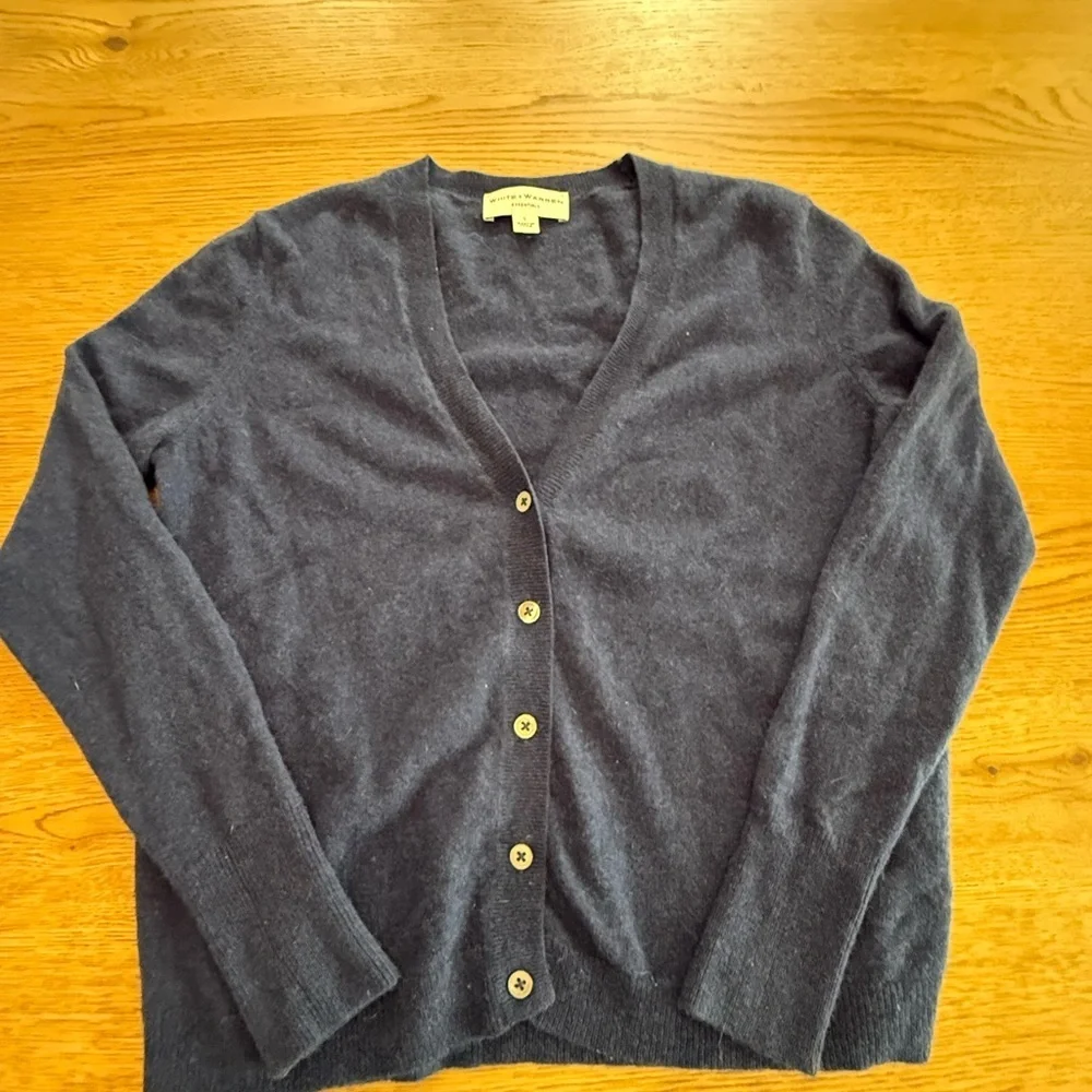 White + Warren 100% Cashmere Navy Button Front Cardigan Sweater
